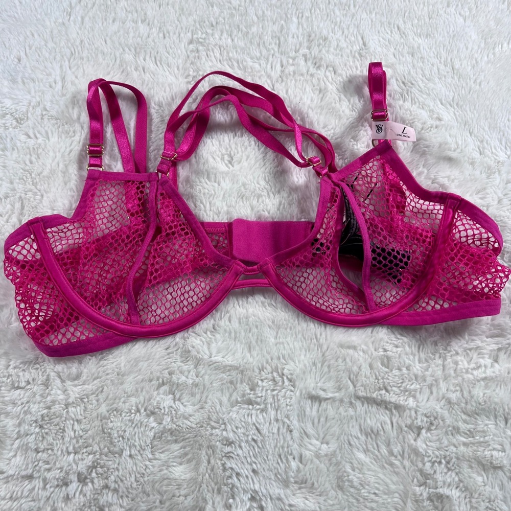 Victoria's Secret Very Sexy Hot Pink Fishnet Mesh Unlined Demi Bra Size Large